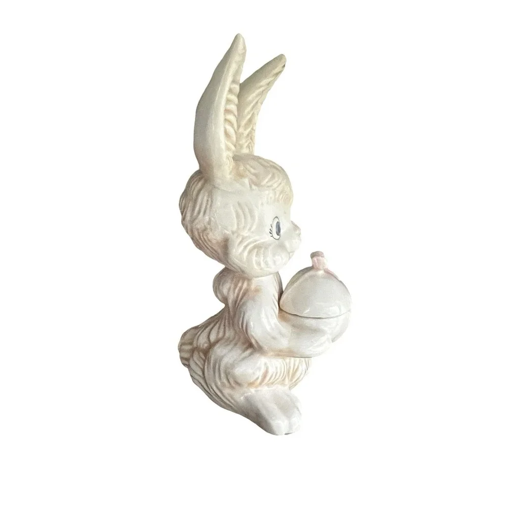 Vintage Easter Bunny Rabbit Ceramic Trinket Box Lusterware Candy Dish Pearl 7